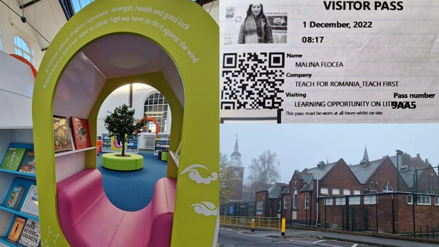 A collage of images including a visitor's pass, a colorful library, and a red brick school building